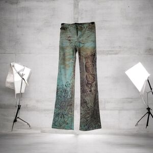 Just Cavalli  Vintage Couture Flare Jean Rare Aqua Green Brown Artistic Batic